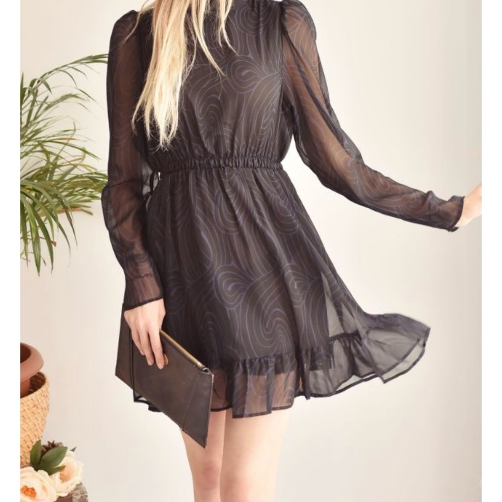 ZARA Black long -Sleeve Mini Dress with Ruffled Hem